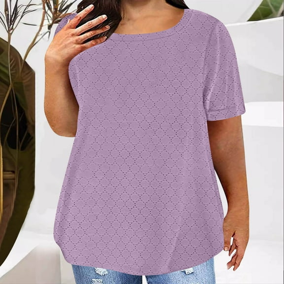LADIGASU Women Plus Size Solid Color Round Neck Short Sleeve Blouses