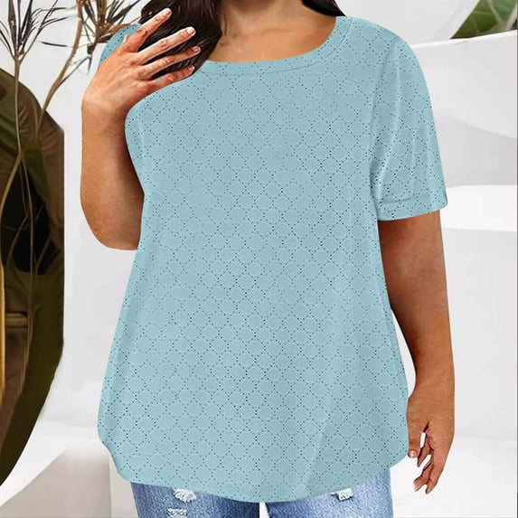 LADIGASU Women Plus Size Solid Color Round Neck Short Sleeve Blouses