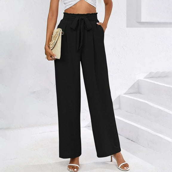 LADIGASU Women's Elastic Waist Lace Pocket Solid Color Full Length Pants