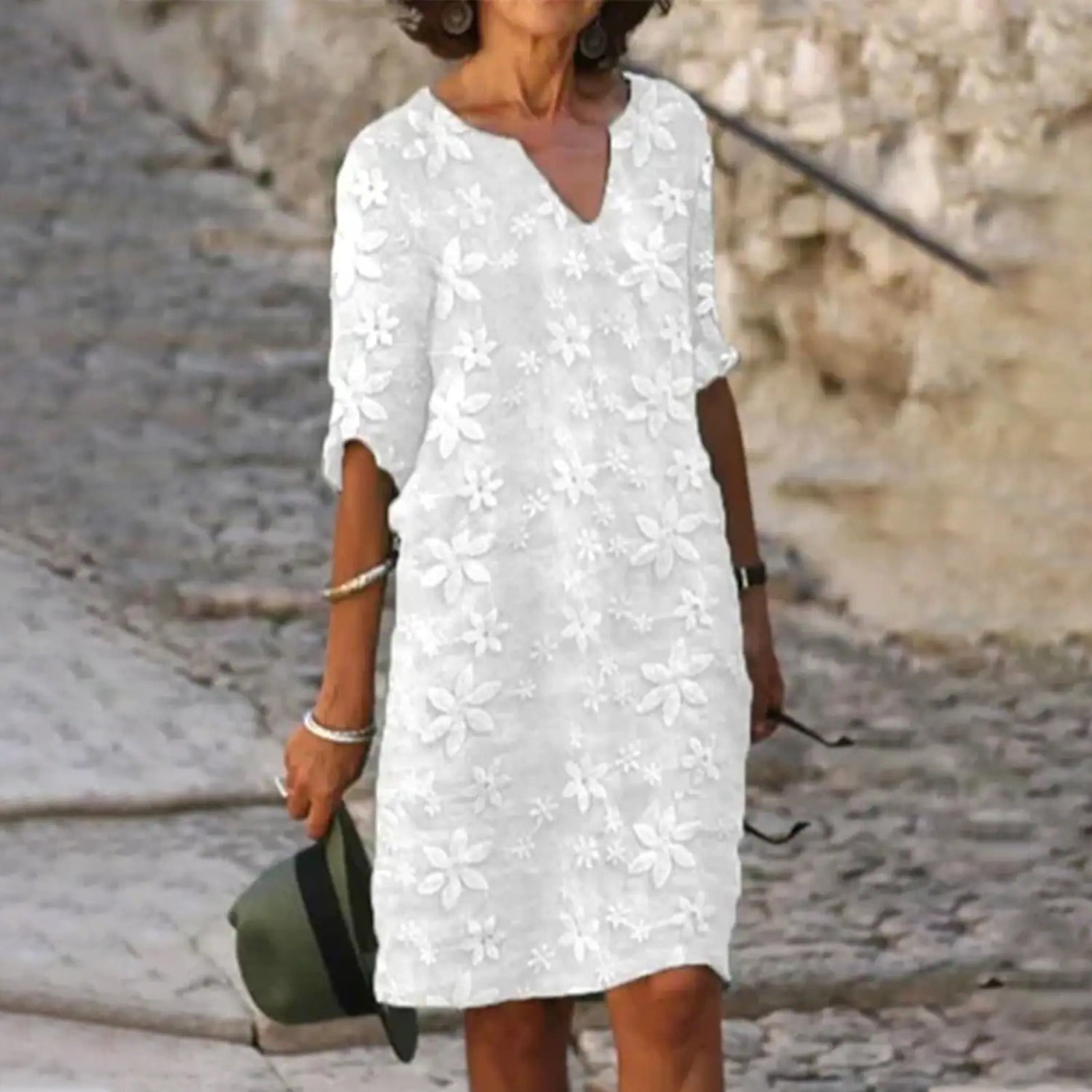 Latticed Shoulder Below Knee Loose Dress