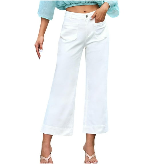 Summer Savings LADIGASU Women's Loose And Slim Wide Leg Straight Leg Pants Casual Solid Color Washed Jeans Cropped Pants, Mother's Day Gifts