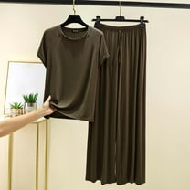 LADIGASU Women's Loose Solid Color T-shirt Wide Leg Pants Home Wear Two-piece Short Sleeve Round-Neck Pant Sets