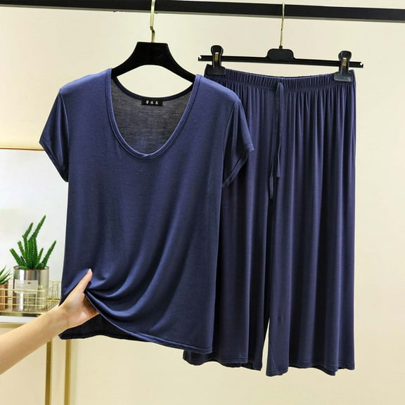 LADIGASU Women's Loose Solid Color T-shirt Wide Leg Pants Home Wear Two-piece Short Sleeve V-Neck Shirts Sets