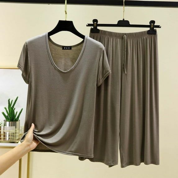LADIGASU Women's Loose Solid Color T-shirt Wide Leg Pants Home Wear Two-piece Short Sleeve V-Neck Shirts Sets