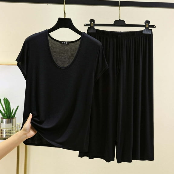 LADIGASU Women's Loose Solid Color T-shirt Wide Leg Pants Home Wear Two-piece Short Sleeve V-Neck Shirts Sets