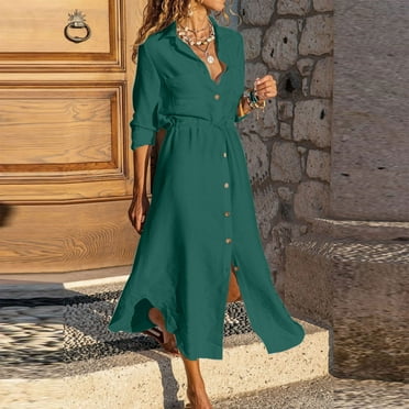 Summer Savings LADIGASU Women's Solid Color Single Breasted Lapel Drawstring Shirt Dress Cotton Linen Dress