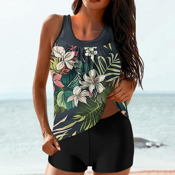 Summer Ladies Fashion Print Swimsuits 2 Piece Set Crewneck Sleeveless Tankini Tops with Swim Shorts Comfortable Swimwear for Women