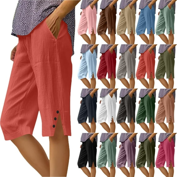 Summer Savings Linen Pants Women Solid Color Loose Straight Crop Pants With Pockets Side Slit Buttons Pants Casual Summer Vacation Beach Party Plus Size S-5XL