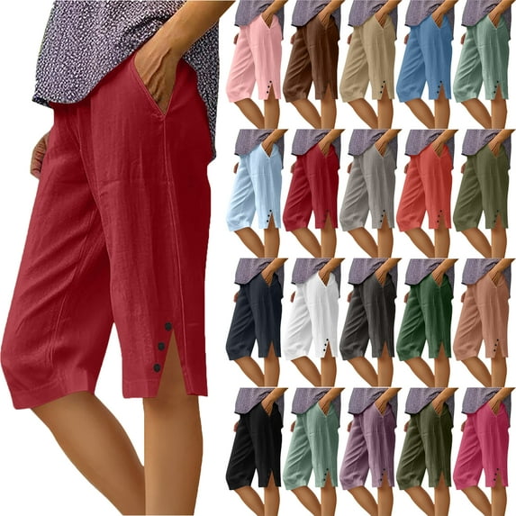 Summer Savings Linen Pants Women Solid Color Loose Straight Crop Pants With Pockets Side Slit Buttons Pants Casual Summer Vacation Beach Party Plus Size S-5XL