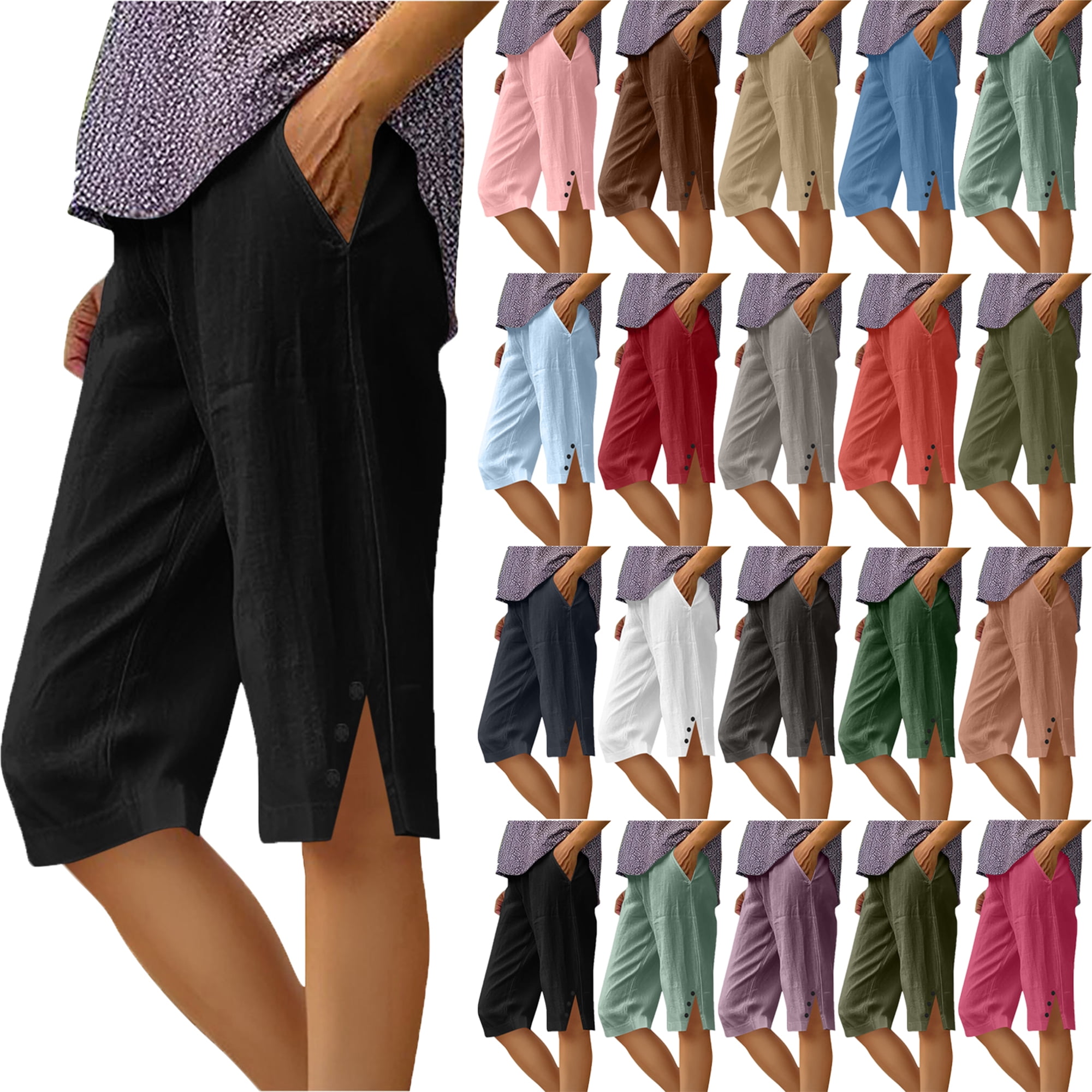 Loose Purple Pockets High Waist Linen Crop Pants Summer main image 0
