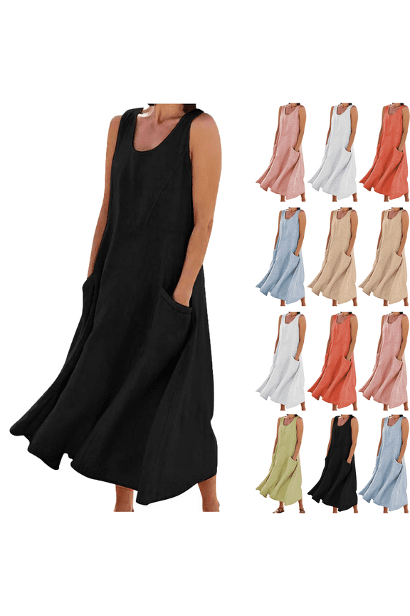 Summer Maxi Dresses for Women Casual Women's Summer Fashion Solid Color Sleeveless Cotton Linen Long Dress with Side Pockets Beach Vacation Sundress Plus Size S-5XL