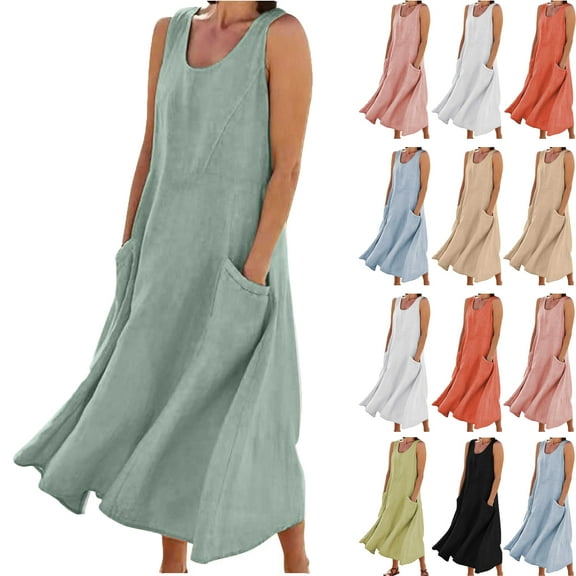 Summer Maxi Dresses for Women Casual Women's Summer Fashion Solid Color Sleeveless Cotton Linen Long Dress with Side Pockets Beach Vacation Sundress Plus Size S-5XL