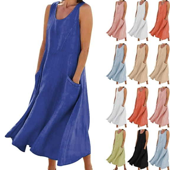 Summer Maxi Dresses for Women Casual Women's Summer Fashion Solid Color Sleeveless Cotton Linen Long Dress with Side Pockets Beach Vacation Sundress Plus Size S-5XL