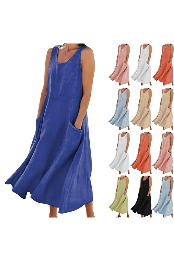 Summer Maxi Dresses for Women Casual Women's Summer Fashion Solid Color Sleeveless Cotton Linen Long Dress with Side Pockets Beach Vacation Sundress Plus Size S-5XL