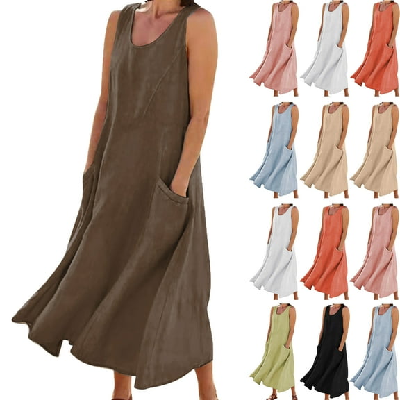 Summer Maxi Dresses for Women Casual Women's Summer Fashion Solid Color Sleeveless Cotton Linen Long Dress with Side Pockets Beach Vacation Sundress Plus Size S-5XL