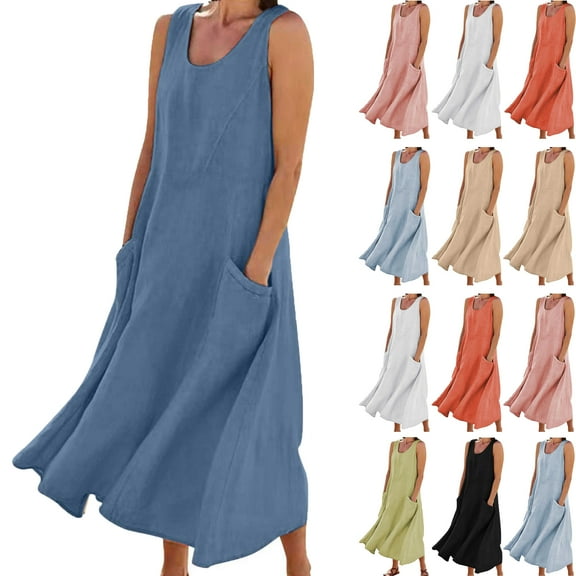Summer Maxi Dresses for Women Casual Women's Summer Fashion Solid Color Sleeveless Cotton Linen Long Dress with Side Pockets Beach Vacation Sundress Plus Size S-5XL