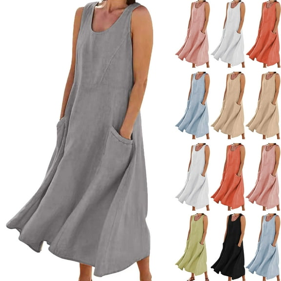 Summer Maxi Dresses for Women Casual Women's Summer Fashion Solid Color Sleeveless Cotton Linen Long Dress with Side Pockets Beach Vacation Sundress Plus Size S-5XL