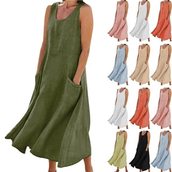 Summer Maxi Dresses for Women Casual Women's Summer Fashion Solid Color Sleeveless Cotton Linen Long Dress with Side Pockets Beach Vacation Sundress Plus Size S-5XL