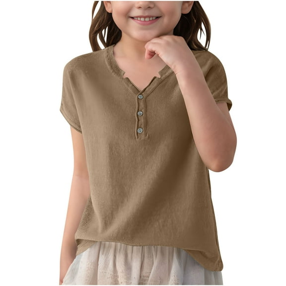 Loopsun Boys Girls Summer Tshirts, Boys and Girls Solid V Neck Short Sleeve Knit Tops Khaki 6-7 Years