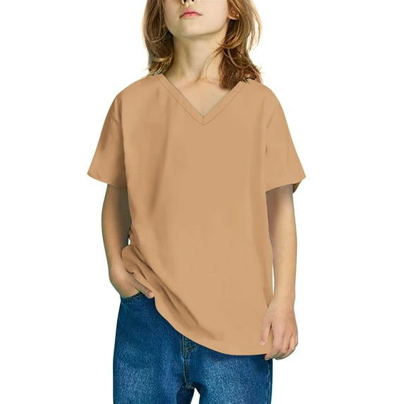 Loopsun Boys Girls Summer Tshirts, Shirts for Kids Short Sleeve Solid T Shirt V Neck Top for Girls and Boy Beige 5-6 Years