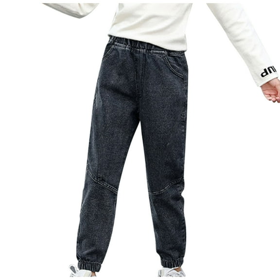 Loopsun Girls Jeans, Spring And Summer Solid Girls Pocket Elastic Waist Comfy Full Length Pants Jeans Black 3-4 Years