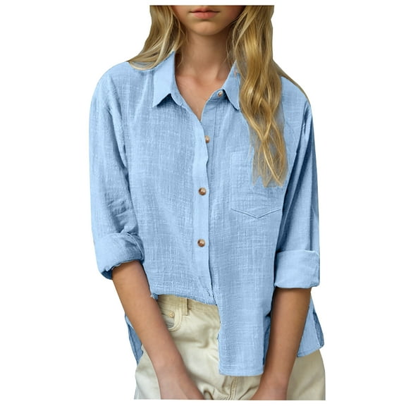 Loopsun Girls Summer Tops, Big Girls Fashion Solid Long Sleeve Collared Shirt Tops Blue 13-14 Years