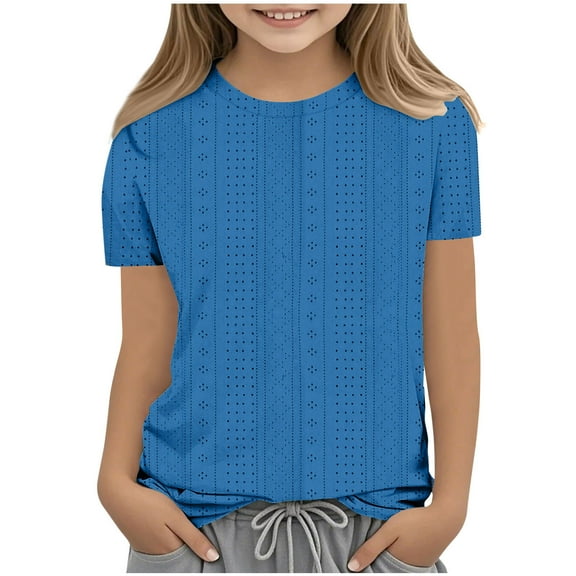 Loopsun Girls Summer Tops, Children's Fashion Solid Short Sleeve Round Neck Tops Blue 3-4 Years