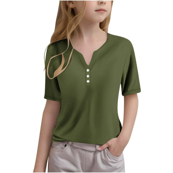Loopsun Girls Summer Tops, Girls Shirts Solid Tshirt Short Sleeve V Neck Top 3-14 Years Multicolor 13-14 Years
