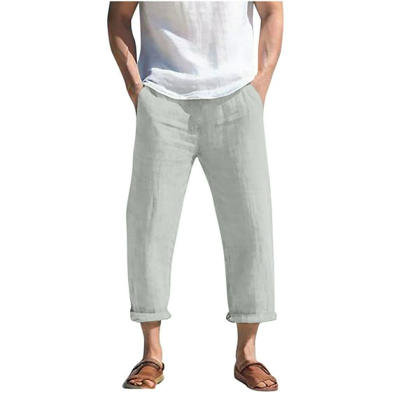 Loopsun Plus Size Mens Pants, Linen Pants for Men, Men's Casual Fashion Holiday Pocket Solid Elastic Waist Cropped Pants Gray XL