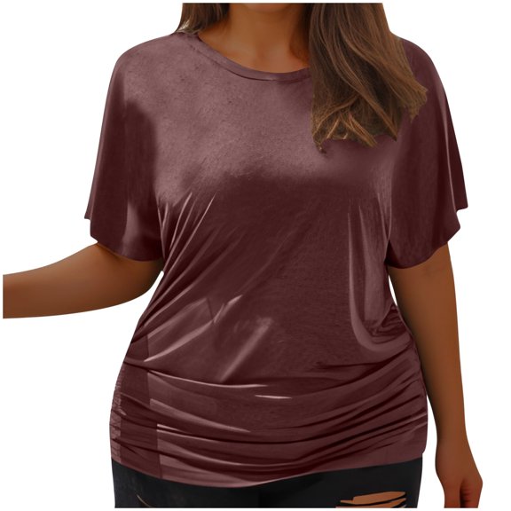 Loopsun Plus Size Womens Tops, T Shirts for Women, Women's Fashion Casual Short Sleeve Waist Pleated Round Neck Large T-shirt Top Brown L
