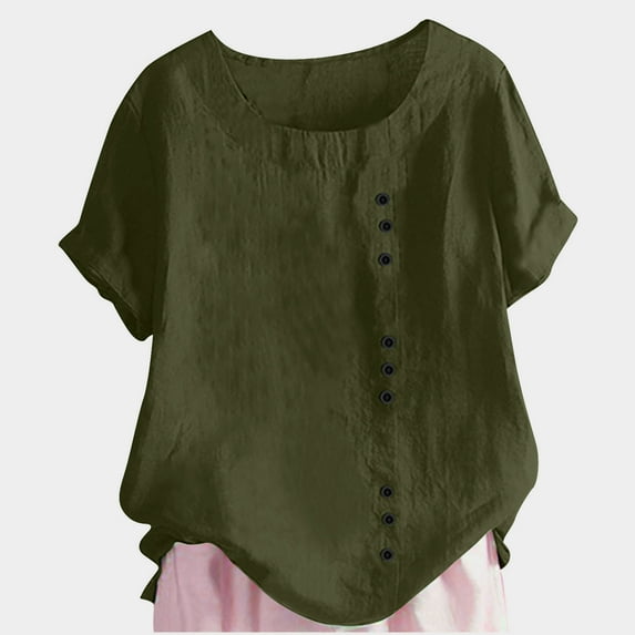 Summer Savings! Loopsun Plus Size Womens Tops, T Shirts for Women, Women's Summer Round Neck Short Sleeve Casual Fashion Solid Button Top T-Shirt Army Green XL