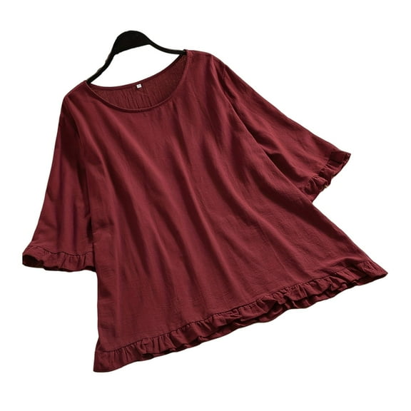 Loopsun Plus Size Womens Tops, T Shirts for Women, Womens Summer Solid Casual Loose Fashion T-Shirt Cotton Linen Short Sleeve Round Neck Tops Blouse Wine XXL
