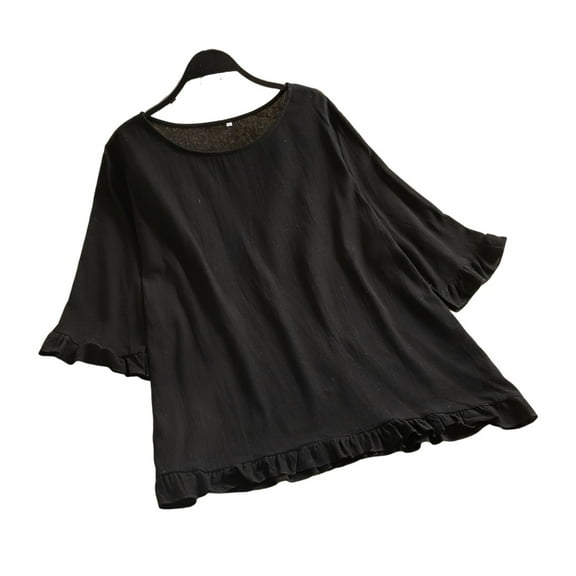 Loopsun Plus Size Womens Tops, T Shirts for Women, Womens Summer Solid Casual Loose Fashion T-Shirt Cotton Linen Short Sleeve Round Neck Tops Blouse Black XL