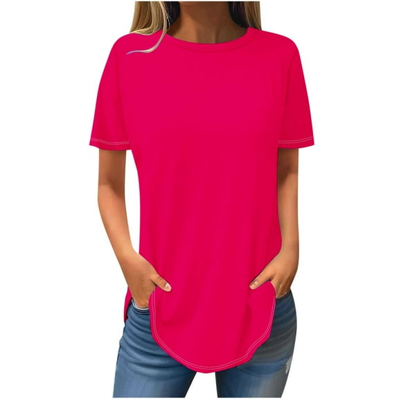 Loopsun Plus Size Womens Tops, T Shirts for Women, Women's Fashion Solid Short Sleeve Blouse Round Neck Casual Tops Hot Pink XXXL