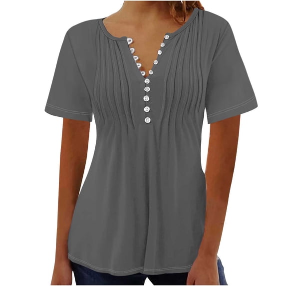 loopsun Plus Size Tops for Womens,Womens Summer Tops,Women's Printed V-neck Button Up Short Seeved Top Dark Gray M