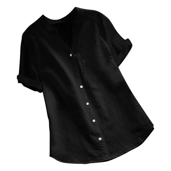Loopsun Plus Size Womens Tops, T Shirts for Women, Women's Solid Short Sleeve V Neck Cotton And Linen Button Up Shirt Top Black S