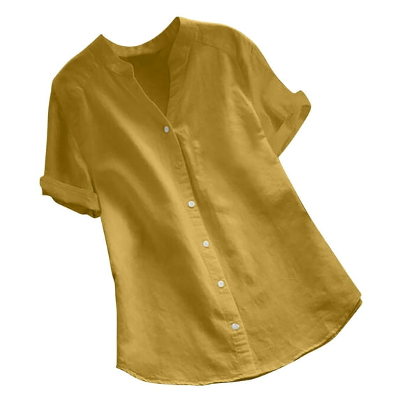 Loopsun Plus Size Womens Tops, T Shirts for Women, Women's Solid Short Sleeve V Neck Cotton And Linen Button Up Shirt Top Yellow S