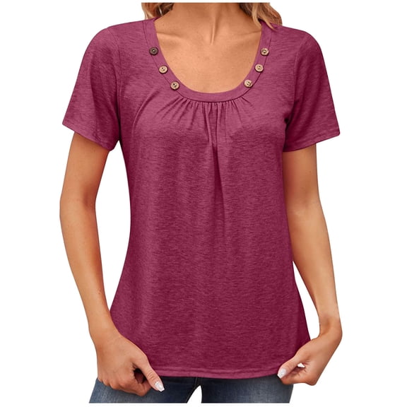 Loopsun Plus Size Womens Tops, T Shirts for Women, Women's Summer Button Pleated Solid Loose T-Shirt Top Purple L