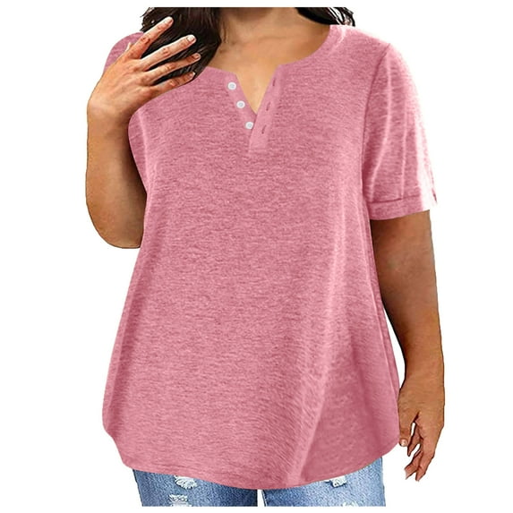 Loopsun Plus Size Womens Tops, T Shirts for Women, Women's V Neck Short Sleeve Solid Oversized T-shirt Top Watermelon Red XXXXL