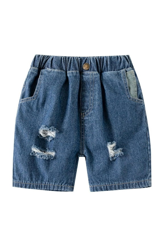 Toddler Boys Summer Shorts, Summer Boys Solid Five Quarter Pants Elastic Jeans Ripped Pants Blue 5-6 Years