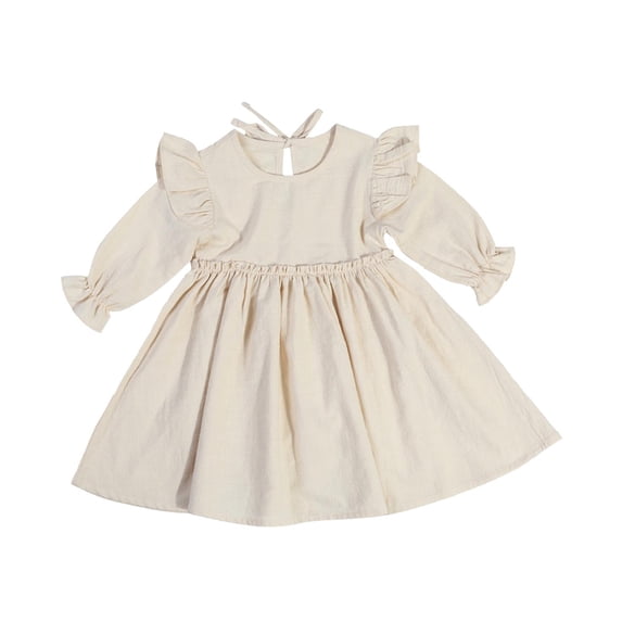 Loopsun Toddler Girls Summer Dresses, Summer Girls' Solid Cotton Long Sleeve Round Neck Dress Sweet And Versatile Princess Dress Beige 3-4 Years