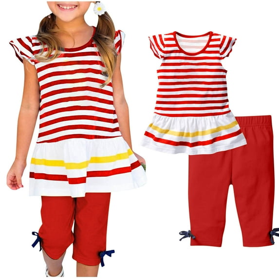 Loopsun Toddler Girls Summer Sets, Fashion Girls' Casual Short Sleeve Tops Round Neck Printed Knee Length Pants Sets Red 4-5 Years