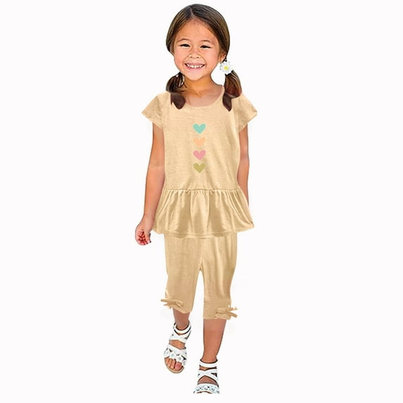 Loopsun Toddler Girls Summer Sets, Girl's Summer Round Neck Print Short Sleeve Top and Elastic Waist Cropped Pants Two-piece Set Khaki 1-2 Years