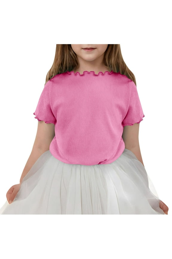 Toddler Girls Summer Tops, Fashionable Children's Solid Lace Comfortable Loose T-shirt Short Sleeve Casual Top Pink 7-8 Years
