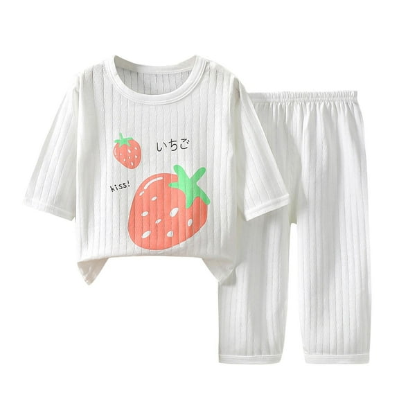 Loopsun Toddler Pajama Sets, Summer Children's Print 3/4 Sleeve Round Neck Home Wear Thin Breathable Pajama Set White 1-2 Years