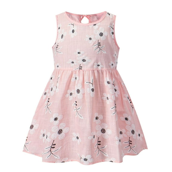Loopsun Toddler Summer Dresses, Girl's Sleeveless Printed Dress Fashionable and Princess Dress Breathable Comfortable Dress Pink 3-4 Years