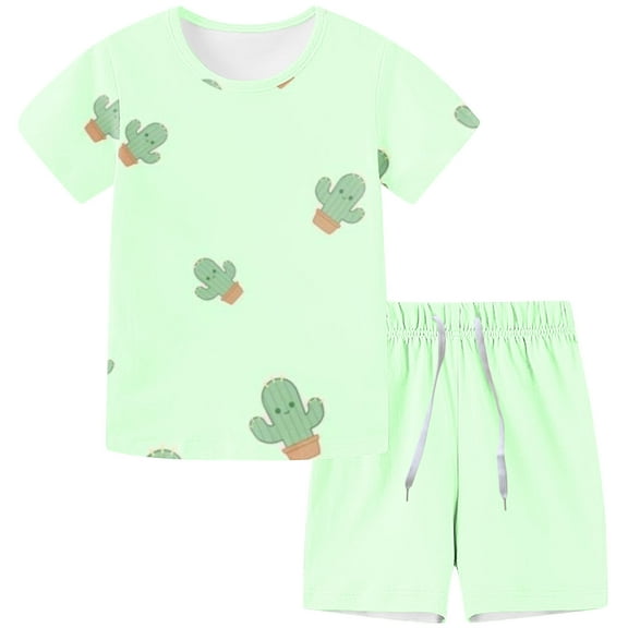 Loopsun Toddler Summer Sets, Children Casual Short Sleeve Shorts With Drawstring Home Print Sports Summer Two-piece Set Green 4-5 Years