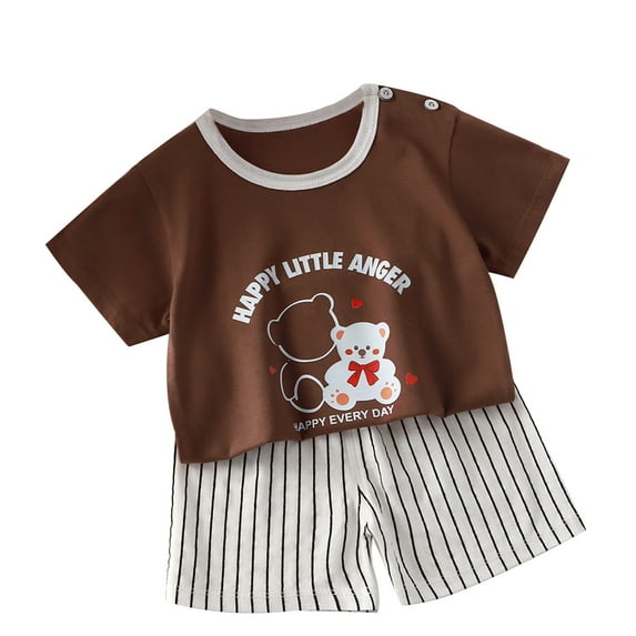 Summer Savings! Loopsun Toddler Summer Sets, Children's Summer Home Clothing Round Neck Short Sleeve Top and Shorts Two-Piece Set Brown 4-5 years