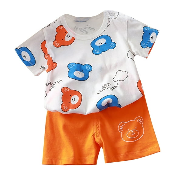 Loopsun Toddler Summer Sets, Children's Summer Home Clothing Round Neck Short Sleeve Top and Shorts Two-Piece Set Orange 6-12 Months