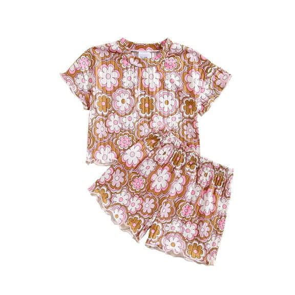 Loopsun Toddler Summer Sets, Fashion Boys and Girls Casual Short Sleeve Tops Round Neck Printed Short Pants Sets Brown 3-4 Years